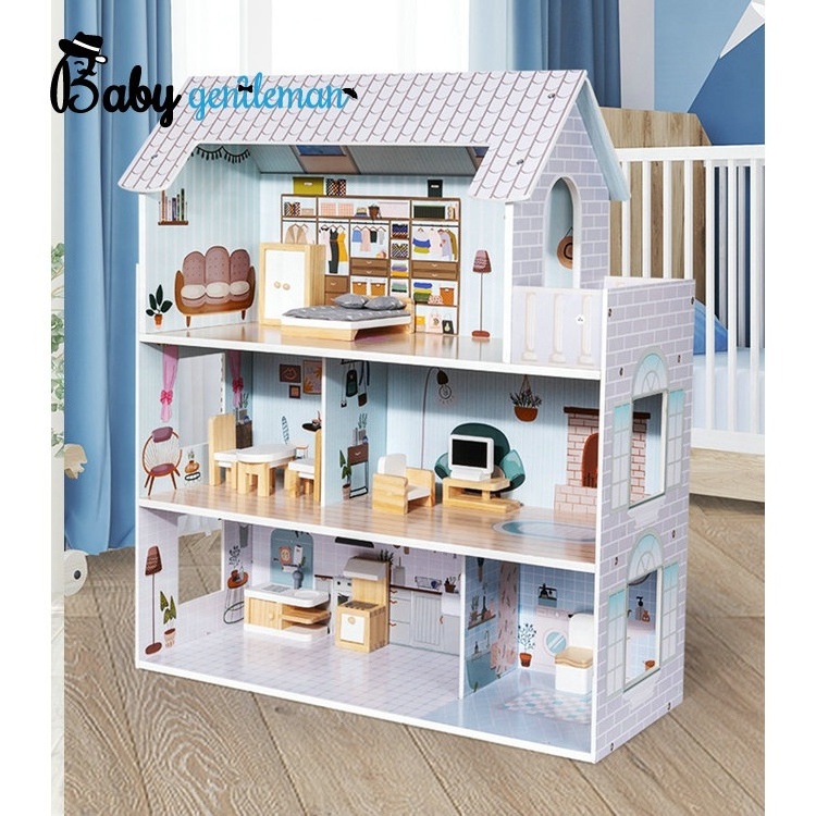 Kids Pretend Play Simulation 3 Floors Wooden Dollhouse With Furniture Kit Z06563A