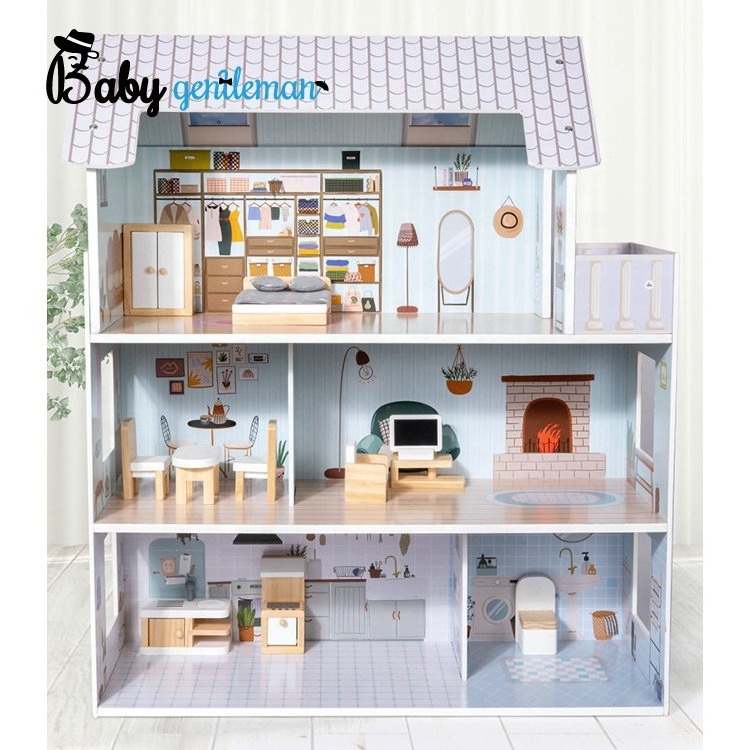 Kids Pretend Play Simulation 3 Floors Wooden Dollhouse With Furniture Kit Z06563A