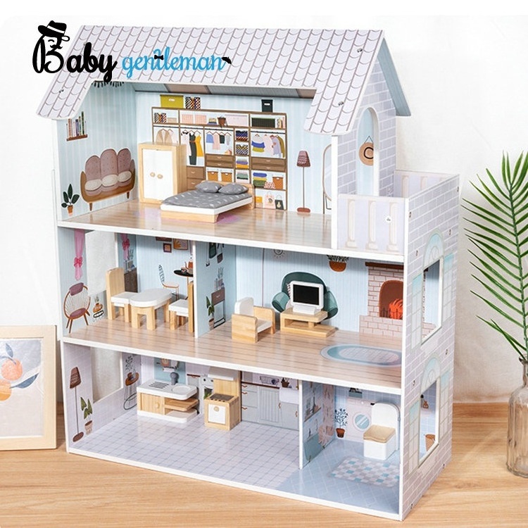 Kids Pretend Play Simulation 3 Floors Wooden Dollhouse With Furniture Kit Z06563A