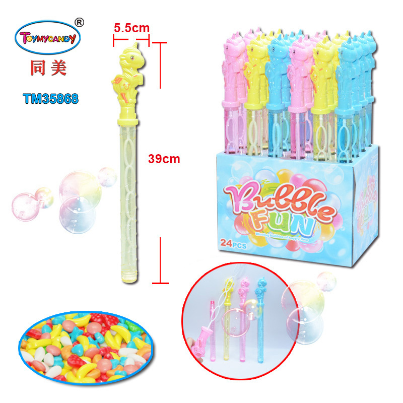 Wholesale china toy candy factory good selling promotion gift horse  bubble stick toy for kids with candy