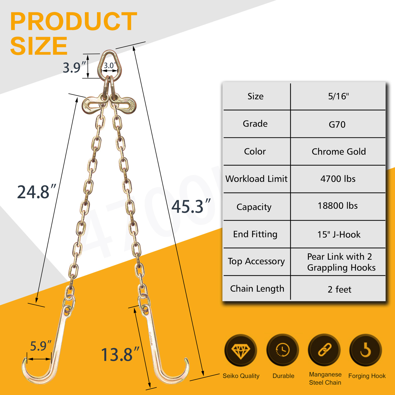 TOYO-INTL Factory Supply 1 tons tow truck chains Yellow Galvanized transport J-Hook Trailer Chain