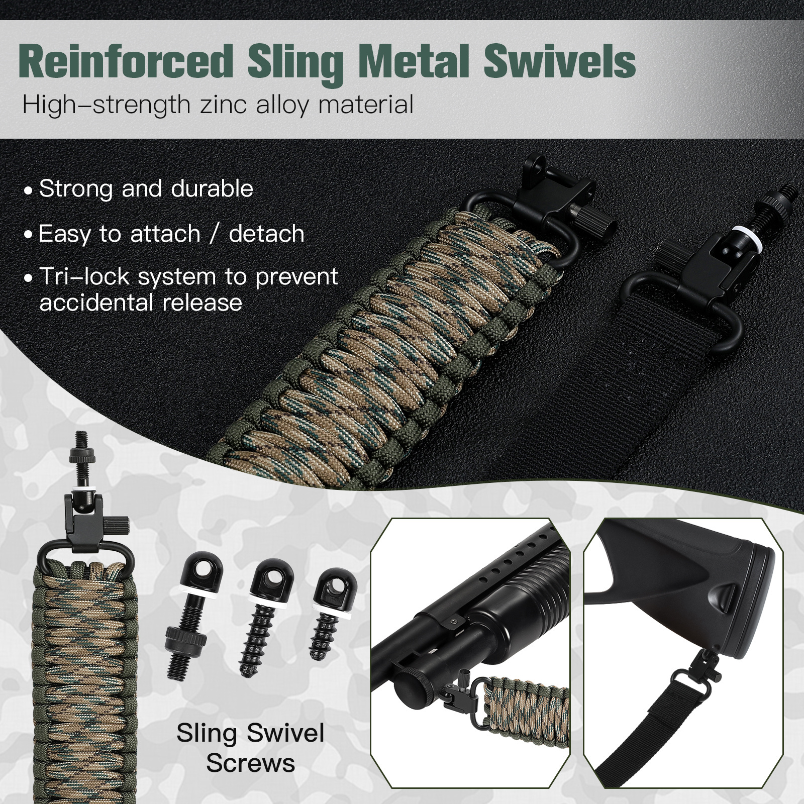 Outdoor Hunting 2 Points Sling Swivels Screws Two Points Sling Swivels Studs Nylon Strap  Adjustable 550lb Paracord Slings