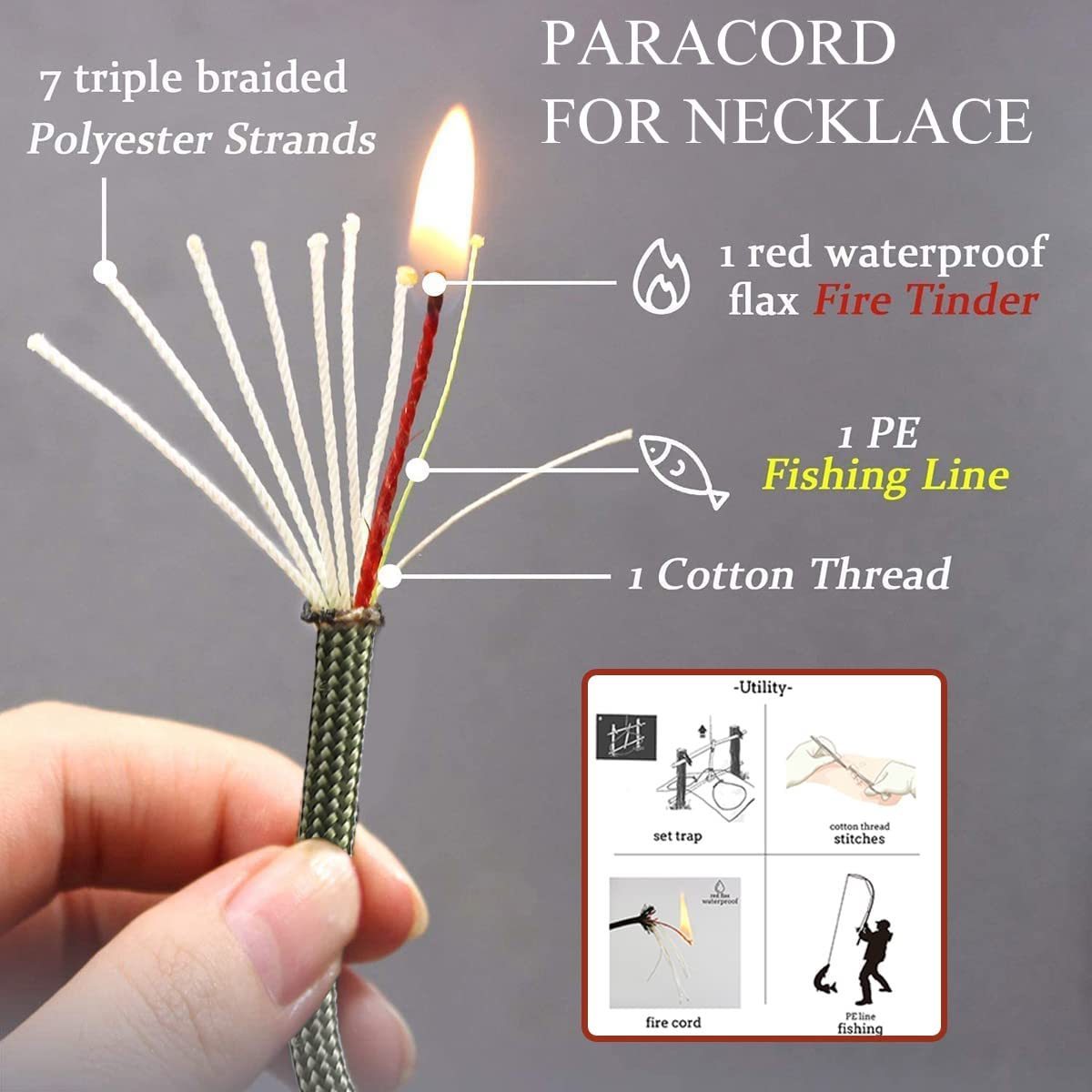 Paracord Fire Starter Necklace Keychain Survival Gear Flint Magnesium Ferro Rod 550 Paracord Lanyards