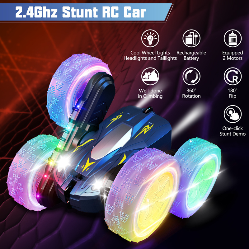 2.4Ghz 4WD Rechargeable Remote Control Car Double Sided 360 Flips Stunt Toy Car for Kids Boys Girls 3-14 Year Old Birthday Gift