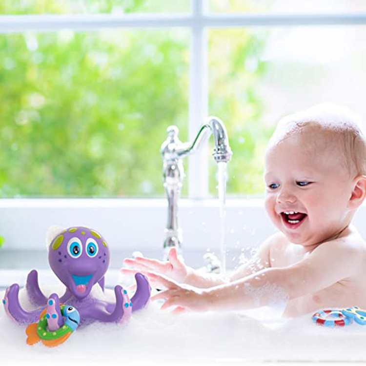 Hot Sale Rubber Octopus Floating Bath Toy with 3 Hoopla Rings Interactive Eco-friendly Funny Kids Bath Toys