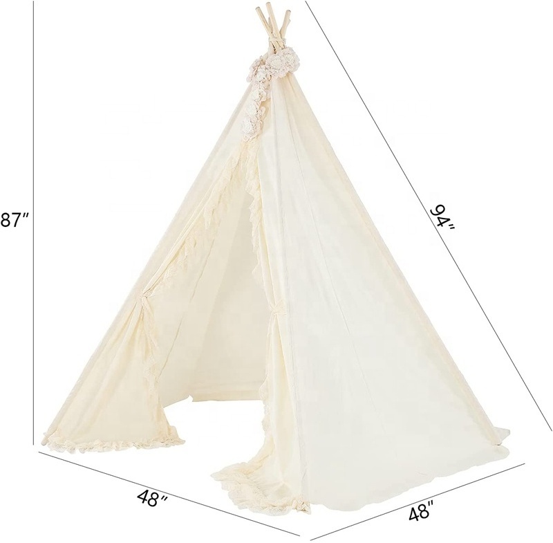 7 Feet Creamy White Super Large Cotton Canvas Teepee Tent Indian Tipi for at Least 2 Kids Portable with Carry Bag Lace Decor