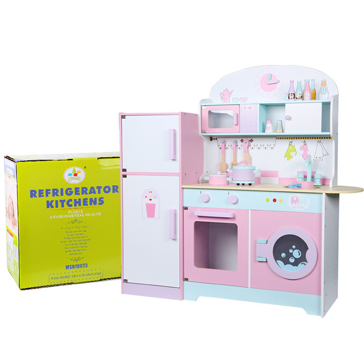 Wooden pink Big Kitchen set Toys Pretend Play wooden kitchen refrigerator toy for kids