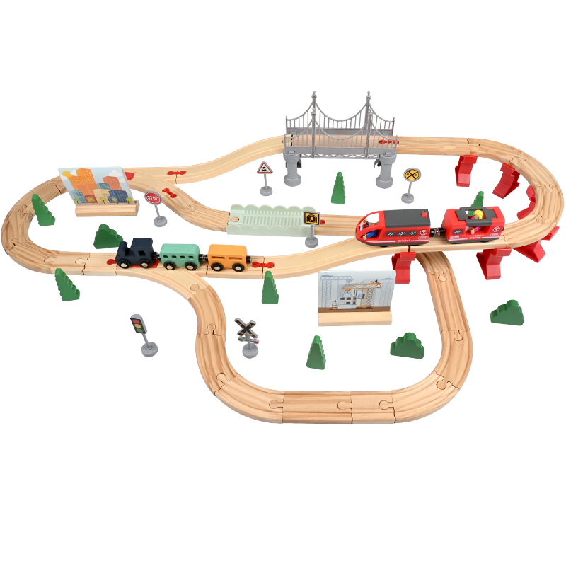 72PCS Wooden Train Sets Gift Packed Toy Railway Kits for Kids Toddler Boys and Girls 3 4 5 and Wood Construction Track