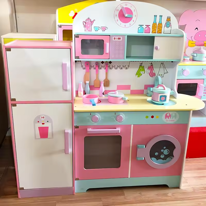 Wooden pink Big Kitchen set Toys Pretend Play wooden kitchen refrigerator toy for kids