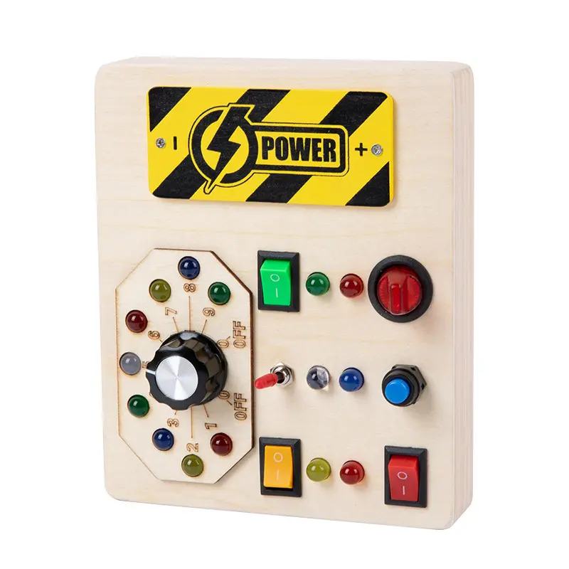 2023 Best Selling Three Wooden Led Light Switch Button Busy Board Toy Children Control Circuit Panel Montessori Toys For Kids