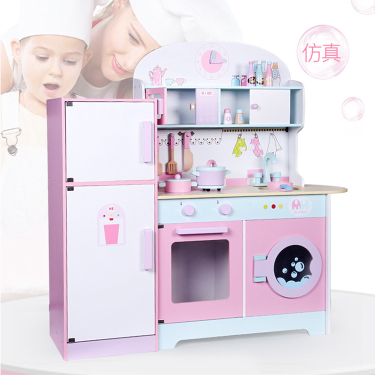 Wooden pink Big Kitchen set Toys Pretend Play wooden kitchen refrigerator toy for kids