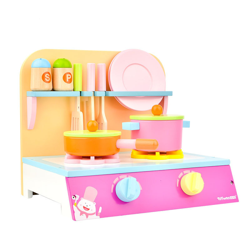 Toy Woo Wooden Children Kitchen Toys Girls Boys Miniature Cooking Bench Simulation Pretend Play House Cook Toy For Kids W-064