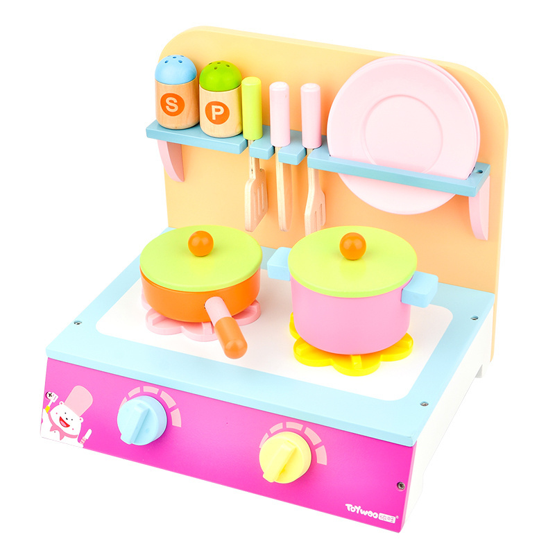 Toy Woo Wooden Children Kitchen Toys Girls Boys Miniature Cooking Bench Simulation Pretend Play House Cook Toy For Kids W-064