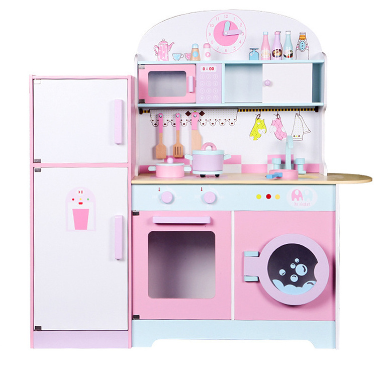 Wooden pink Big Kitchen set Toys Pretend Play wooden kitchen refrigerator toy for kids