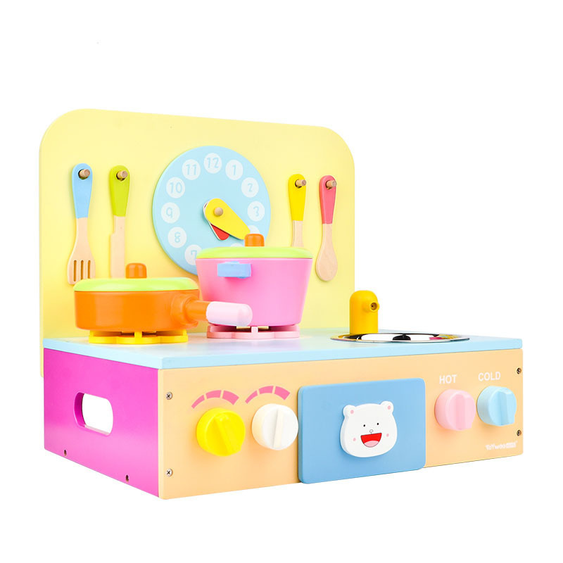 Toy Woo Wooden Children Kitchen Toys Girls Boys Miniature Cooking Bench Simulation Pretend Play House Cook Toy For Kids W-064