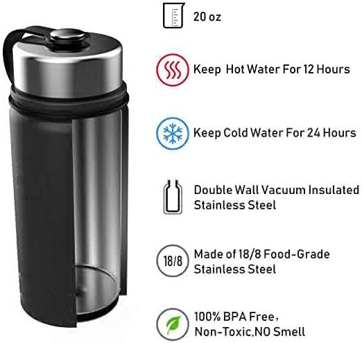 3-in-1 Smart Stainless Steel Water Bottle(Glows to Remind You to Stay Hydrated)+Speaker+ Dancing Lights,20oz(black)