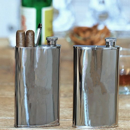 Personalized Stainless Steel Flask with Built-in Cigar Case