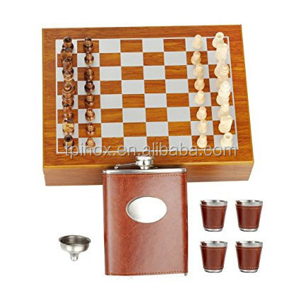 Hip Flask Chess Set Stainless Steel With Funnel and Cups 8OZ