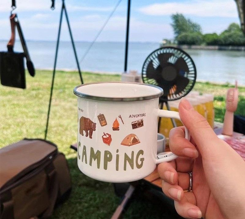 350ml Enamel Coffee Mug 12 oz Camping Outdoor Tea Camp Drinking Cups Travel Metal Skinny Mug with Silver Rim for Camping Picnic