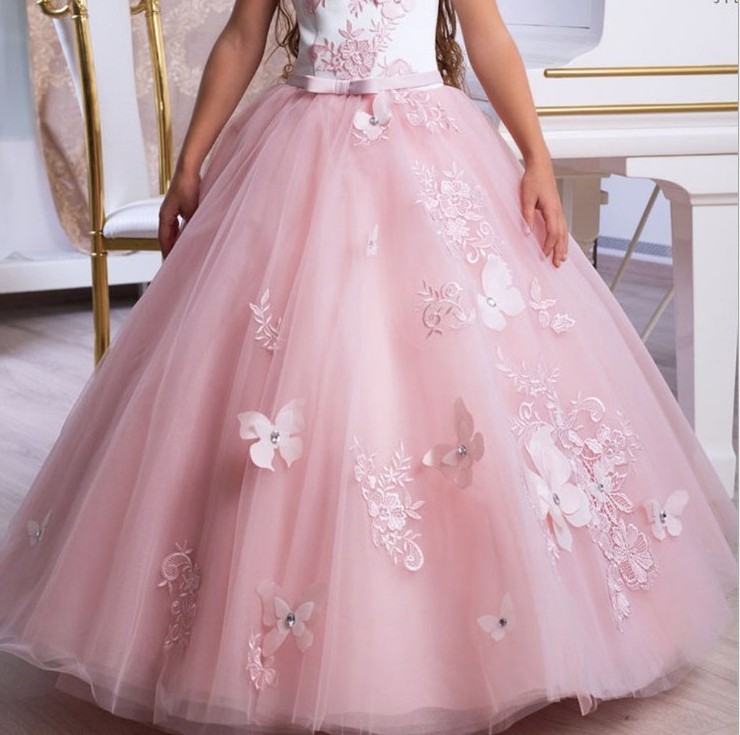 2020 Pink Princess Flower Girls Dresses Lace Up Back Puffy Ball Gowns Birthday Party Dresses