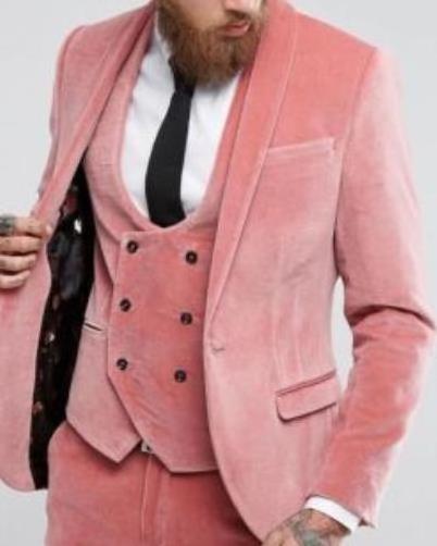 Custom 3 Pics Fashion Winter Groom Wedding Dress Slim Fit PINK Velvet Men's Tuxedo Suit Jacket + Vest + Pants