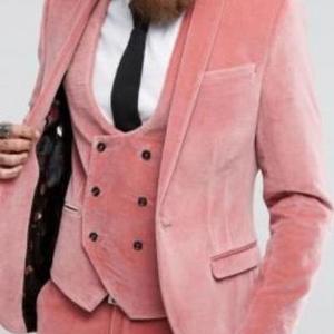 Custom 3 Pics Fashion Winter Groom Wedding Dress Slim Fit PINK Velvet Men's Tuxedo Suit Jacket + Vest + Pants