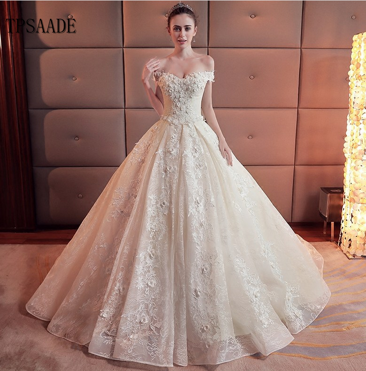 Elegant Hand 3d Flowers with Pearl Bridal Gown Off Shoulder Cathedral Train Wedding Dress 2020 Vestido de novia Latest