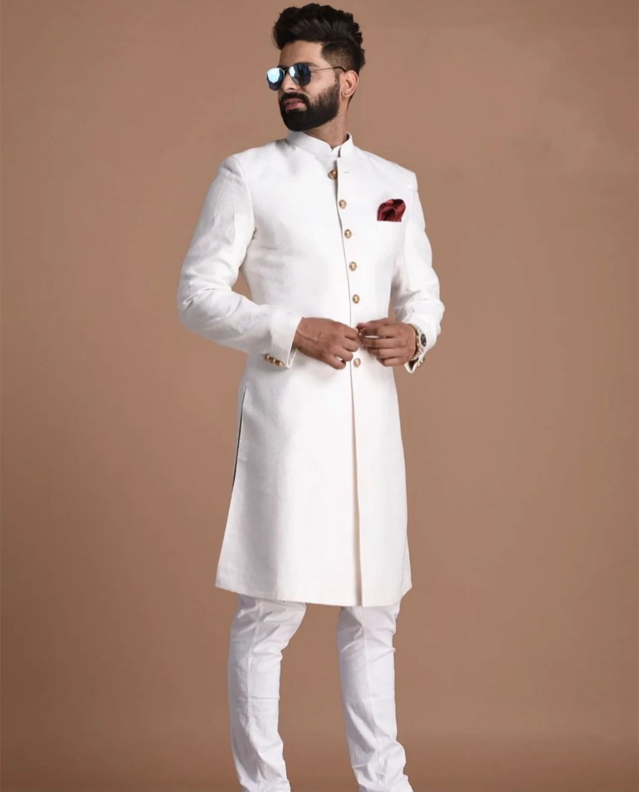 Indian Men's Suit Arabian Style Long Coat Single Breasted With Gold Buttons Wedding Suits For Men 2 Piece Slim Fit Male Clothing