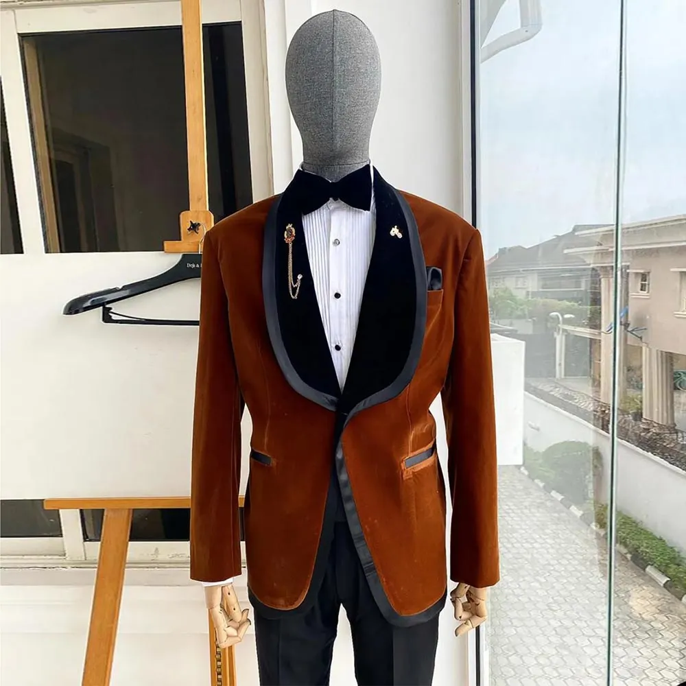 Brown Velvet Wedding Tuxedos 2 Pieces Sets Mens Suits Shawl Lapel Blazers Slim Fit Formal Suit With Jacket And Pants