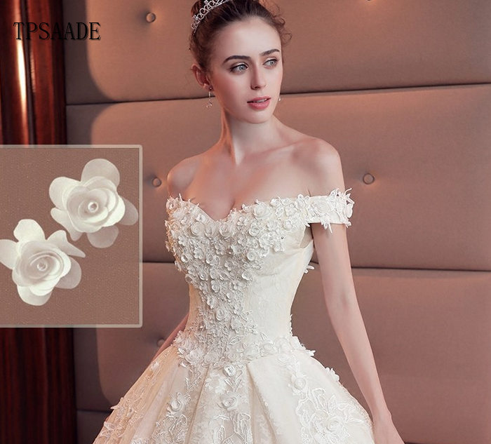 Elegant Hand 3d Flowers with Pearl Bridal Gown Off Shoulder Cathedral Train Wedding Dress 2020 Vestido de novia Latest