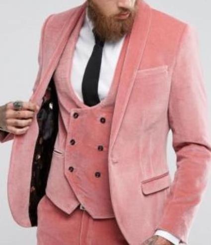 Custom 3 Pics Fashion Winter Groom Wedding Dress Slim Fit PINK Velvet Men's Tuxedo Suit Jacket + Vest + Pants