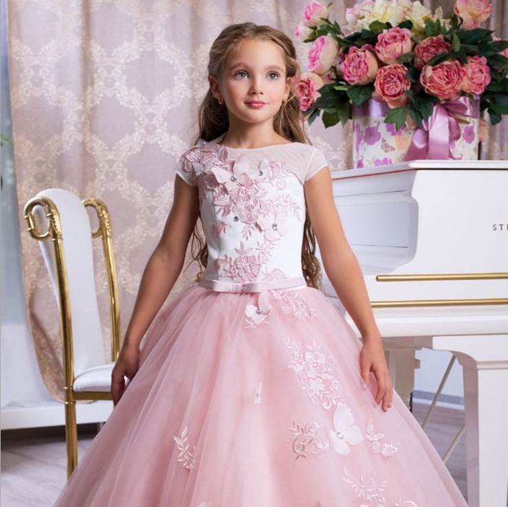 2020 Pink Princess Flower Girls Dresses Lace Up Back Puffy Ball Gowns Birthday Party Dresses