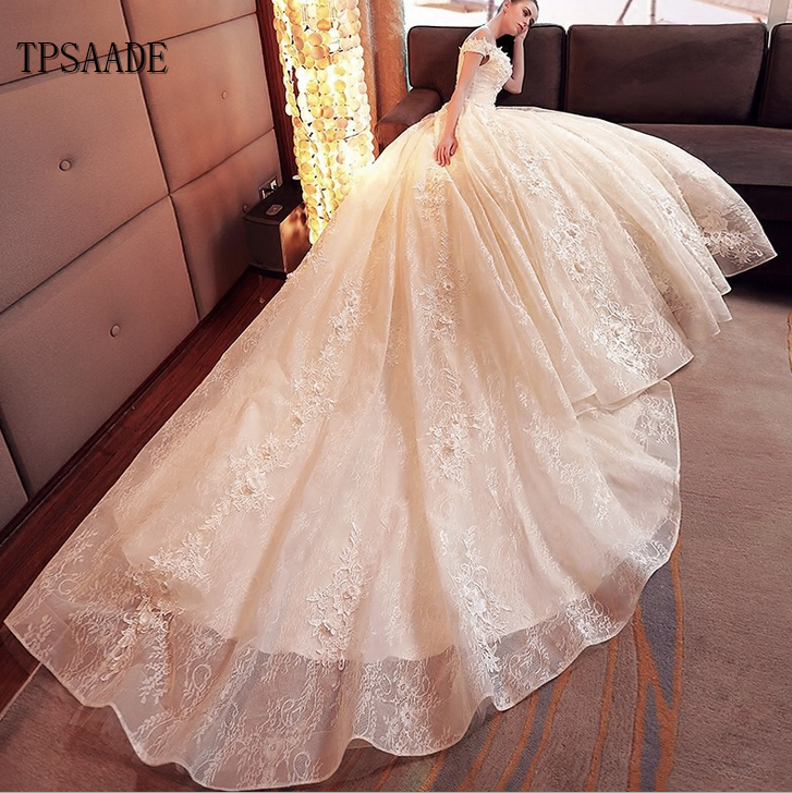 Elegant Hand 3d Flowers with Pearl Bridal Gown Off Shoulder Cathedral Train Wedding Dress 2020 Vestido de novia Latest