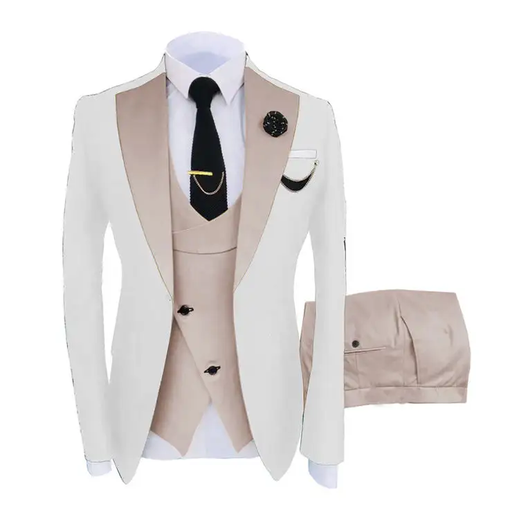 New Design White Pink Mens Business Suits For Men Blazer Vest Pants Set Men's Groom Tuxedos Wedding Suit 3 Pieces