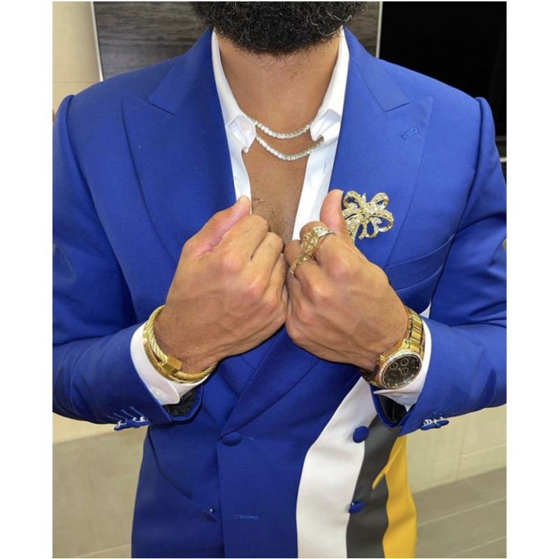 Blue Patchwork Men Suits Double Breasted Blazer Trousers Costume Homme Wedding Clothes 2 Pieces Jacket Pants Male Clothing