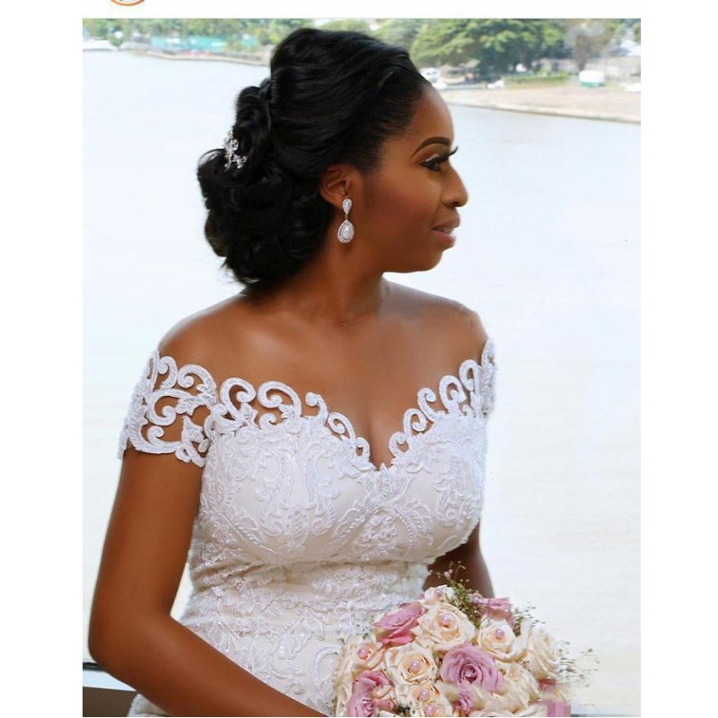 African Nigerian Mermaid Wedding Dress With Detachable Train Lace Up Design Short Sleeve Bridal Gowns Dresses