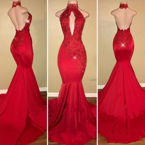 2020 Red Mermaid Prom Dresses for African Black Girls Vestido De Festa Sexy Backless Halter Lace Fashion Party Gowns