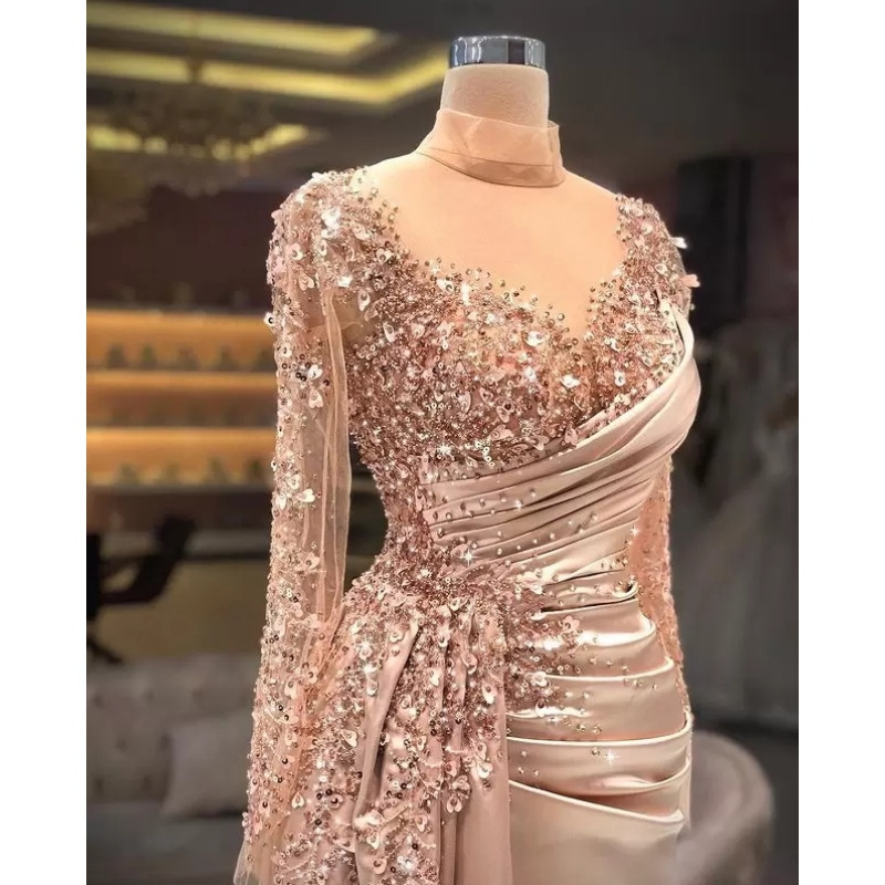 Arabic Aso Ebi Luxurious Mermaid Sexy Prom Dresses Sheer Neck Beaded Sequins Evening Formal Party Reception Gowns Dress