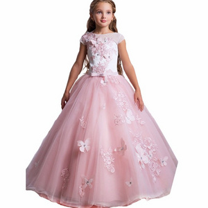 2020 Pink Princess Flower Girls Dresses Lace Up Back Puffy Ball Gowns Birthday Party Dresses