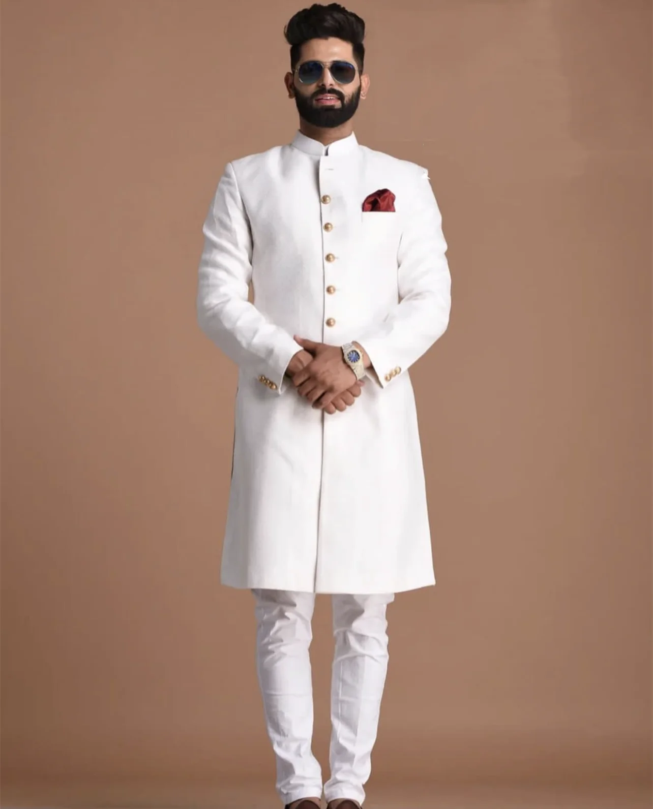 Indian Men's Suit Arabian Style Long Coat Single Breasted With Gold Buttons Wedding Suits For Men 2 Piece Slim Fit Male Clothing