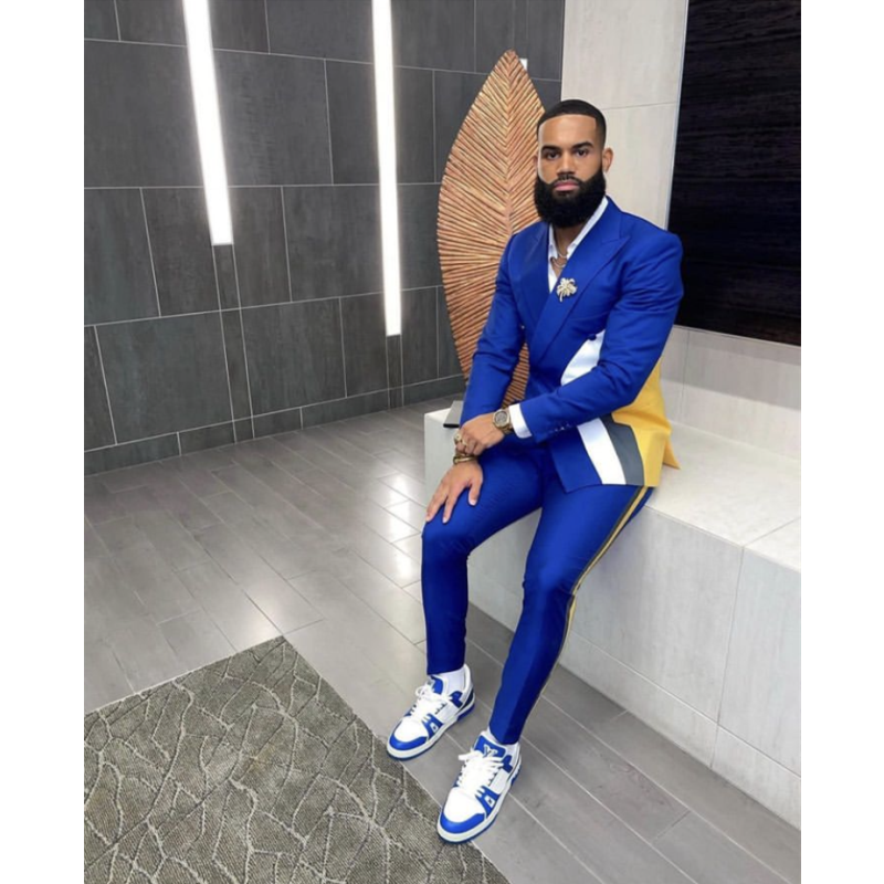 Blue Patchwork Men Suits Double Breasted Blazer Trousers Costume Homme Wedding Clothes 2 Pieces Jacket Pants Male Clothing