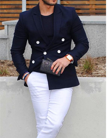 2019  Navy Blue Men Suit Set  Fashion  Double-Breasted  For 2 Pieces Suits  With Pants Coat  All years  ZYL051