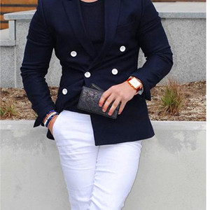 2019  Navy Blue Men Suit Set  Fashion  Double-Breasted  For 2 Pieces Suits  With Pants Coat  All years  ZYL051