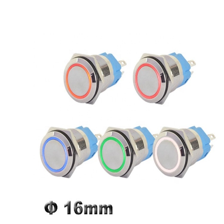 16mm LED Illuminated Flat Metal Push Button Switch on Off Latching 1NO1NC Momentary 12V 220V Red Green Blue Amber Led Switch