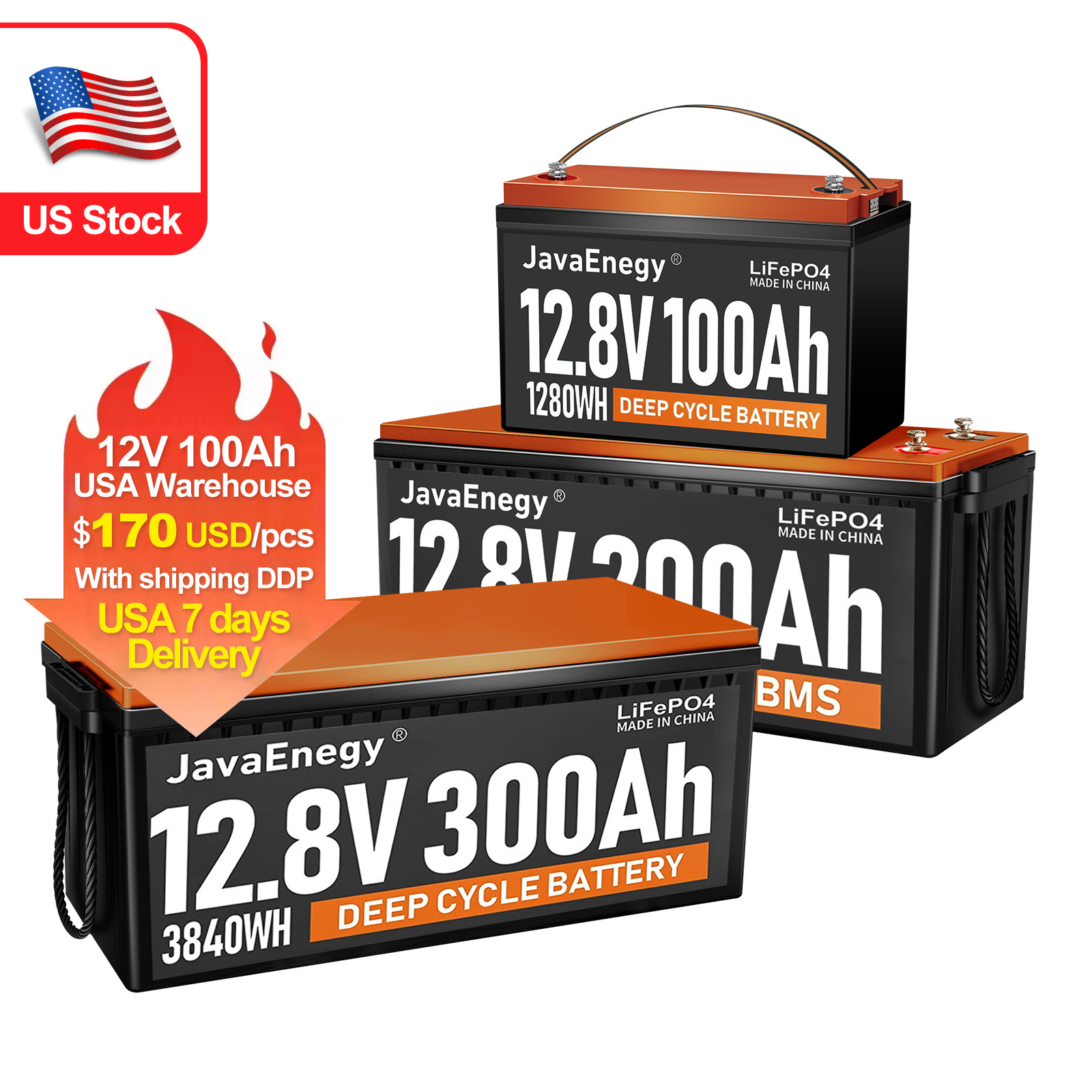 US Stock 12.8V lithium ion battery 12V 24v Lifepo4 Battery 100Ah 200Ah 300AH Lifepo4 Battery Pack 48V 51.2V Home storage Energy