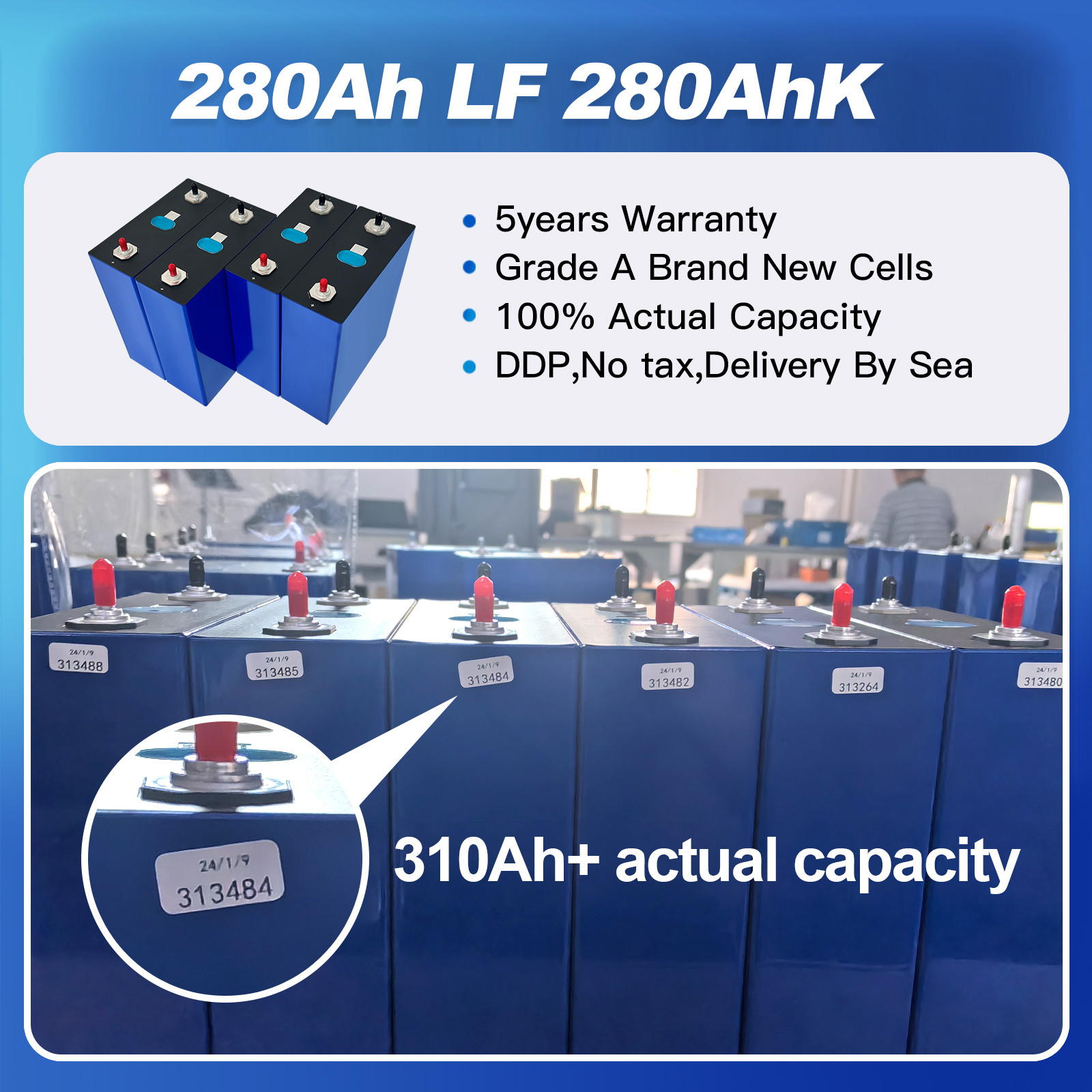 Double holes 310AH lifepo4 battery cell 3.2v 280ah 300ah lifepo4 akku single hole EU USA Stock for 48V 52V 300AH lithium battery