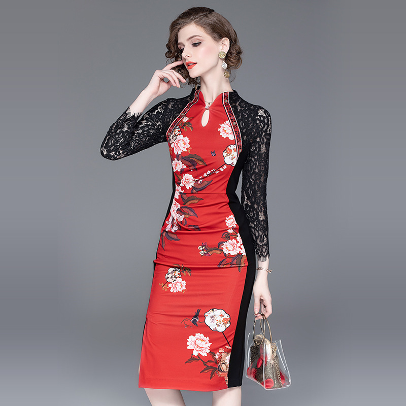 Elegant Mother Red Black Collarless Bodycon Traditional Chinese Dress Qipao Cheongsam Formal Clothes Womens Dresses