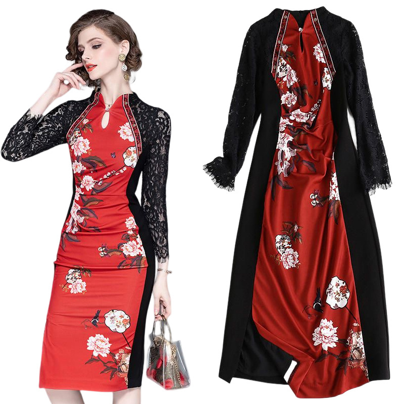 Elegant Mother Red Black Collarless Bodycon Traditional Chinese Dress Qipao Cheongsam Formal Clothes Womens Dresses