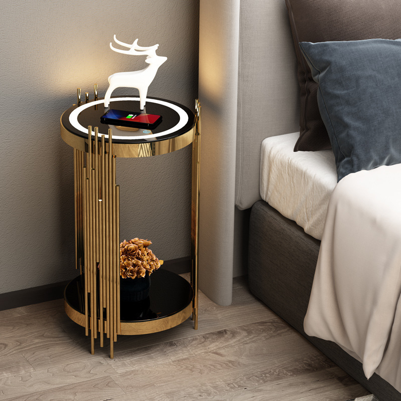 Living room double layer side table stand lamp with drawer touch led light wireless charging unique design bedside lamp