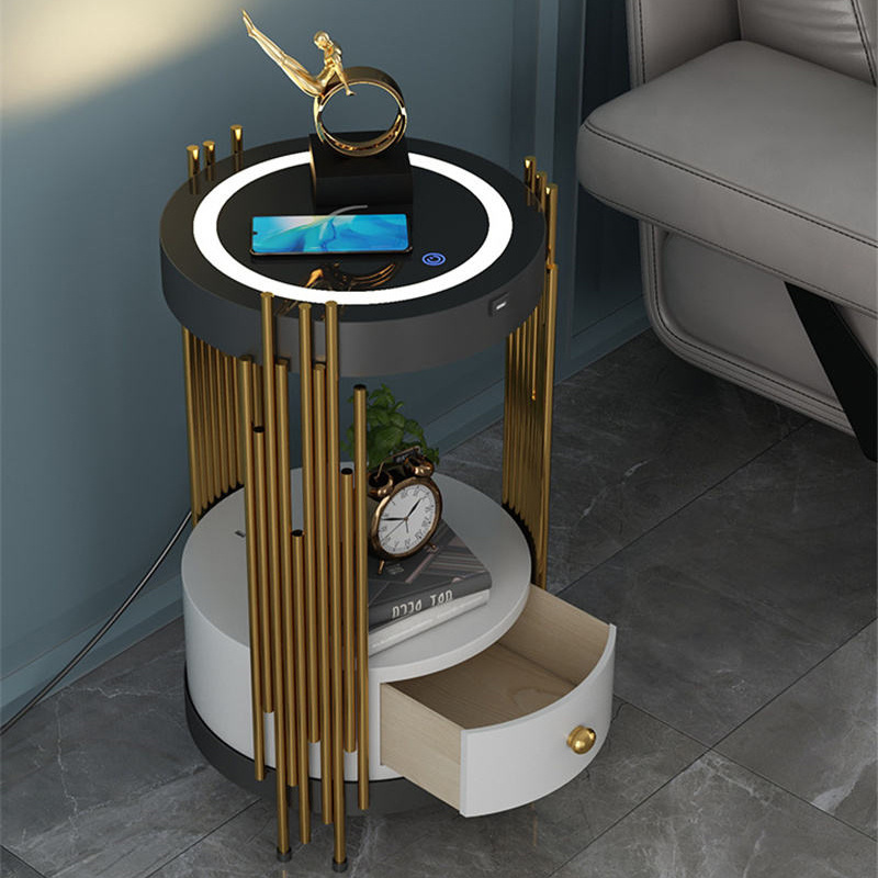 Living room double layer side table stand lamp with drawer touch led light wireless charging unique design bedside lamp